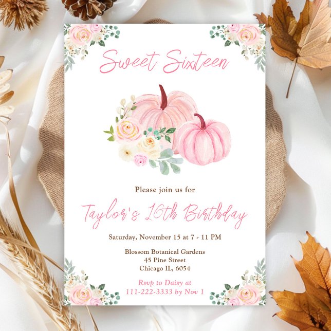 Invitation Citrouille rose Sweet sixteen floral (Créateur téléchargé)
