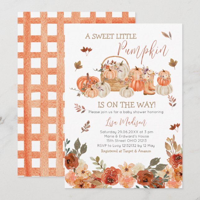 Invitation Citrouille rustique Baby shower Floral Feuilles au (Devant / Derrière)