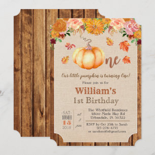 Invitation Citrouille Rustique Feuille Bois 1er anniversaire 