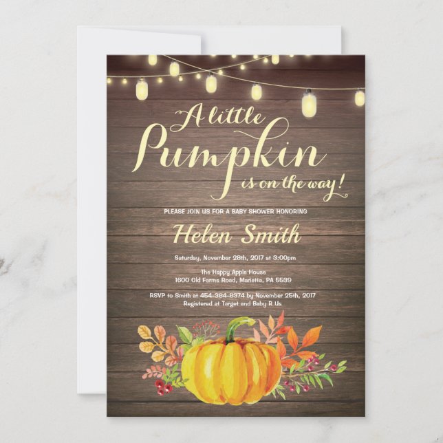 Invitation Citrouille rustique Mason Jar String Baby shower (Devant)