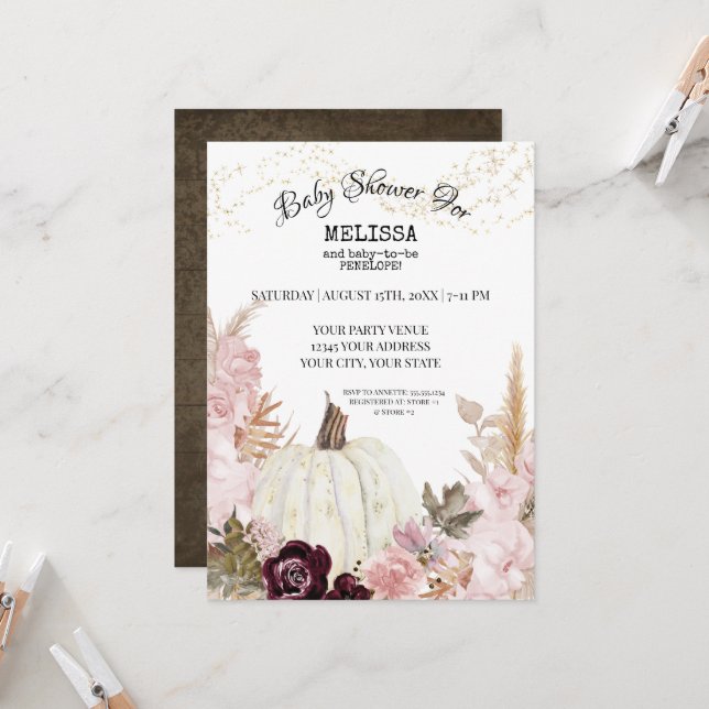 Invitation Citrouille Rustique Pampas Baby shower De Foliage  (Devant/Arrière en situation)