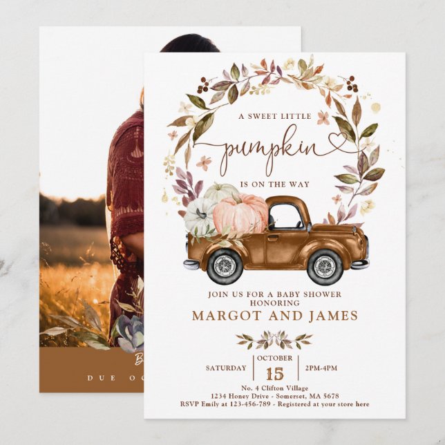 Invitation Citrouille rustique Pickup Truck Baby shower en te (Devant / Derrière)