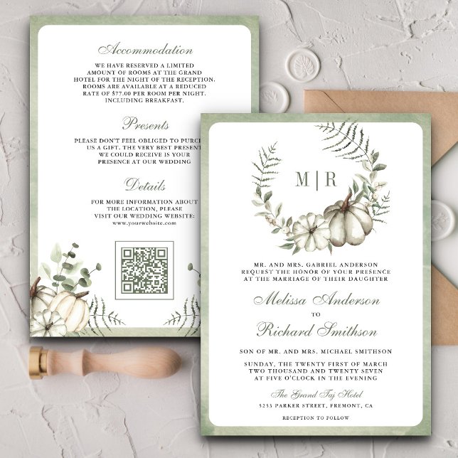 Invitation Citrouille Sage vert Wreath QR Code Mariage (Créateur téléchargé)