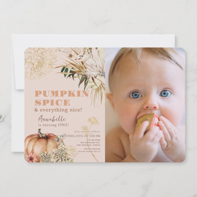Invitation Citrouille Spice Boho Floral rose 1er anniversaire (Devant)