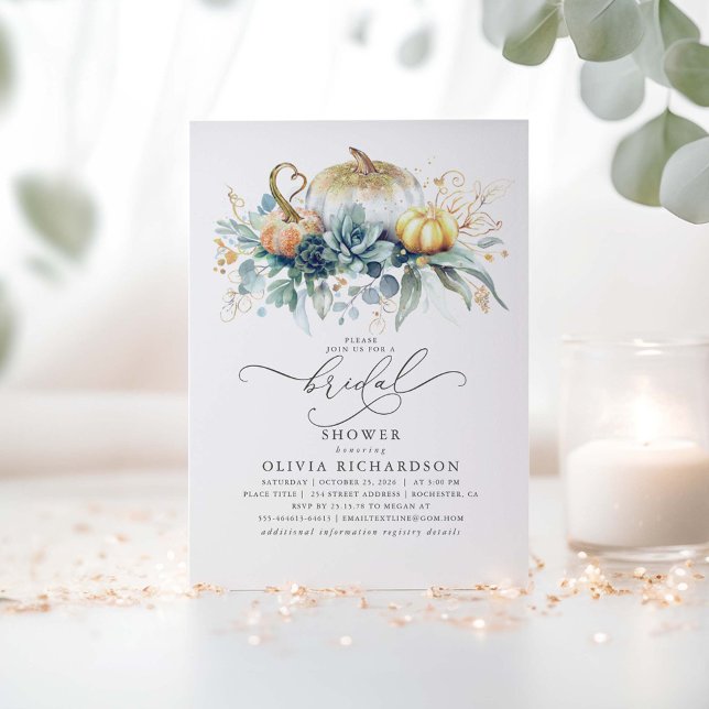Invitation Citrouille Succulents verdure Fête des mariées d'a (Fall Bridal Shower Invitations with Succulents Greenery and Gold Pumpkins)