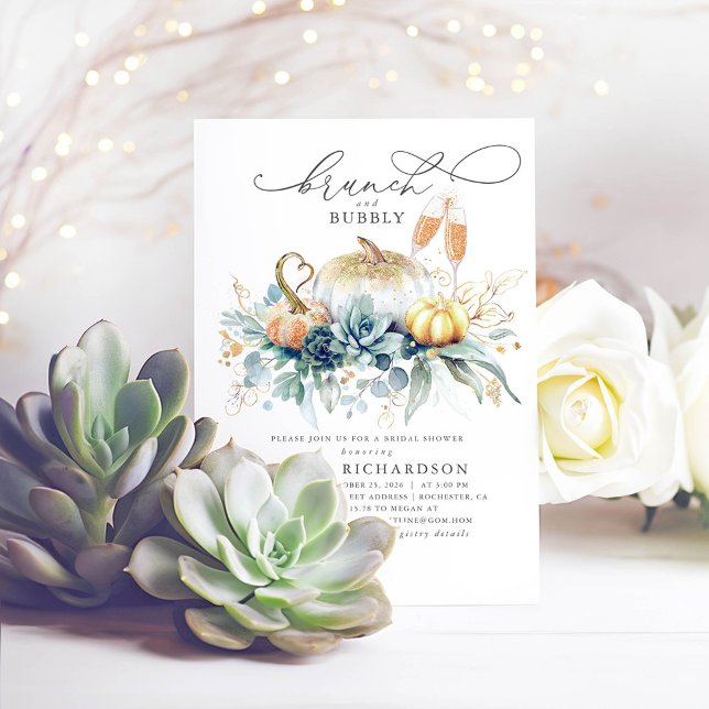 Invitation Citrouille Succulents verdure Fête des mariées d'a (Brunch and Bubbly Bridal Shower Invitations Featuring Pumpkins and Greenery)