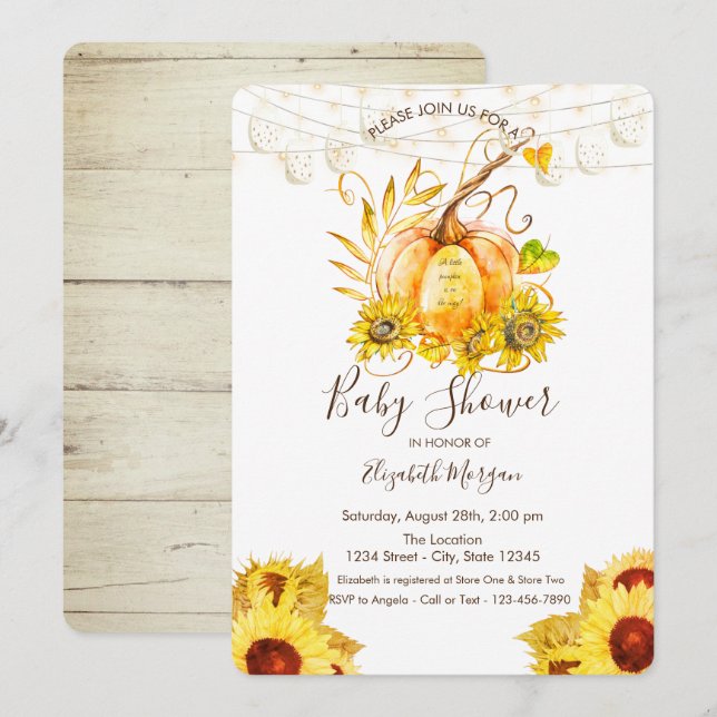 Invitation Citrouille, Texture bois, Baby shower de tournesol (Devant / Derrière)