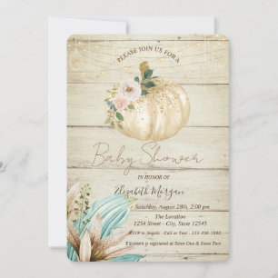 Invitation Citrouille, Texture de Bois, Fleurs Bohèmes Baby S
