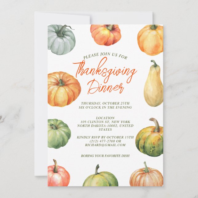 Invitation Citrouille Thanksgiving Fest Diner Aquarelle (Devant)