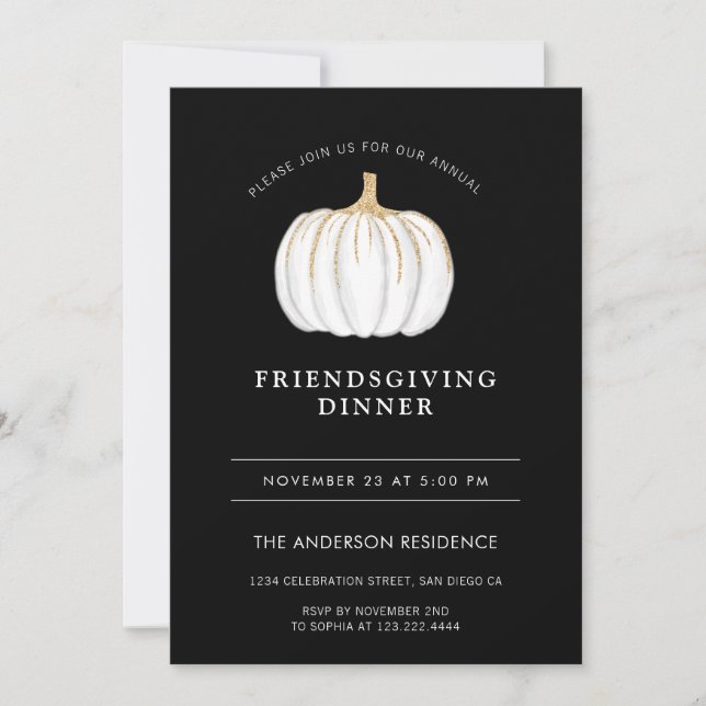 Invitation Citrouille Thanksgiving Friendsgiving Black White (Devant)