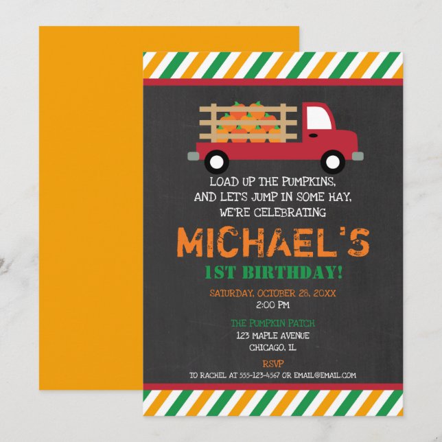 Invitation Citrouille timbre premier anniversaire mignon auto (Devant / Derrière)