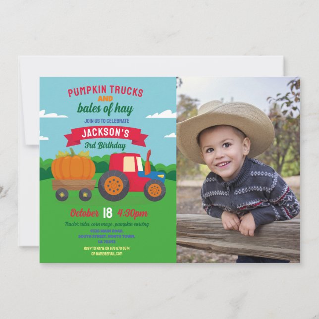 Invitation Citrouille Tracteurs Anniversaire Photo Boys Party (Devant)