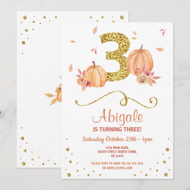 Invitation Citrouille TROIS Anniversaire 3ème Automne  Gold I (Devant / Derrière)