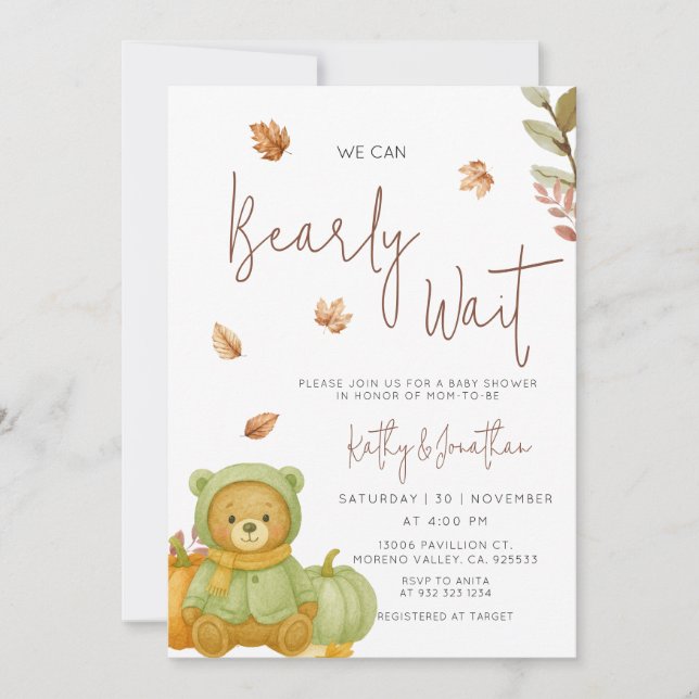Invitation Citrouille vert Nous pouvons Bearly Wait Baby show (Devant)