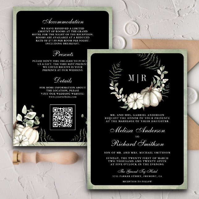 Invitation Citrouille vert Sage Wreath QR Code Mariage noir (Créateur téléchargé)