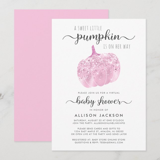 Invitation Citrouille virtuel Parties scintillant rose Baby s (Devant / Derrière)