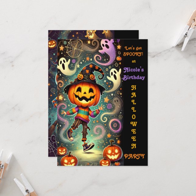 Invitation Citrouille Whimsical Chef sorcière Halloween Party (Devant/Arrière en situation)