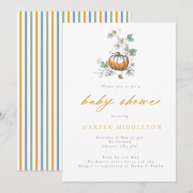 Invitation Citrouille Whimsical & Stripes Baby shower d'autom (Devant / Derrière)