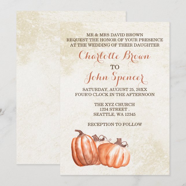 Invitation citrouilles aquarelle automne moisson mariage invi (Devant / Derrière)