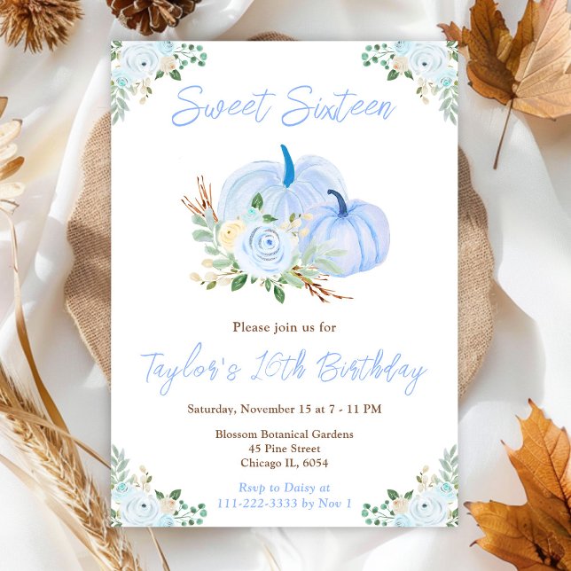 Invitation Citrouilles bleus Sweet sixteen sucré Floral (Créateur téléchargé)