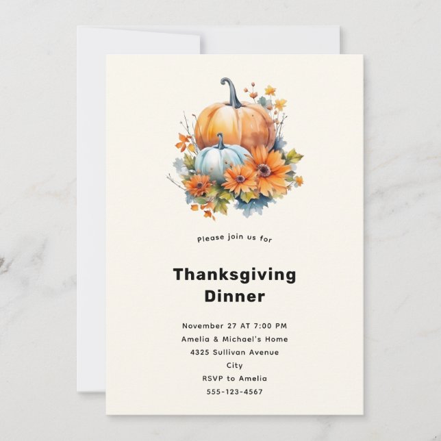 Invitation Citrouilles d'automne avec Fleurs Thanksgiving Dîn (Devant)