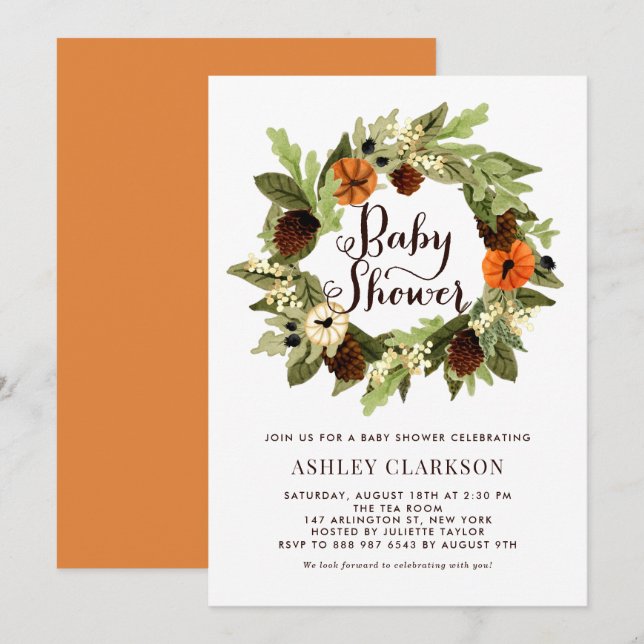 Invitation Citrouilles et Pinecones Wreath Fall Baby shower (Devant / Derrière)