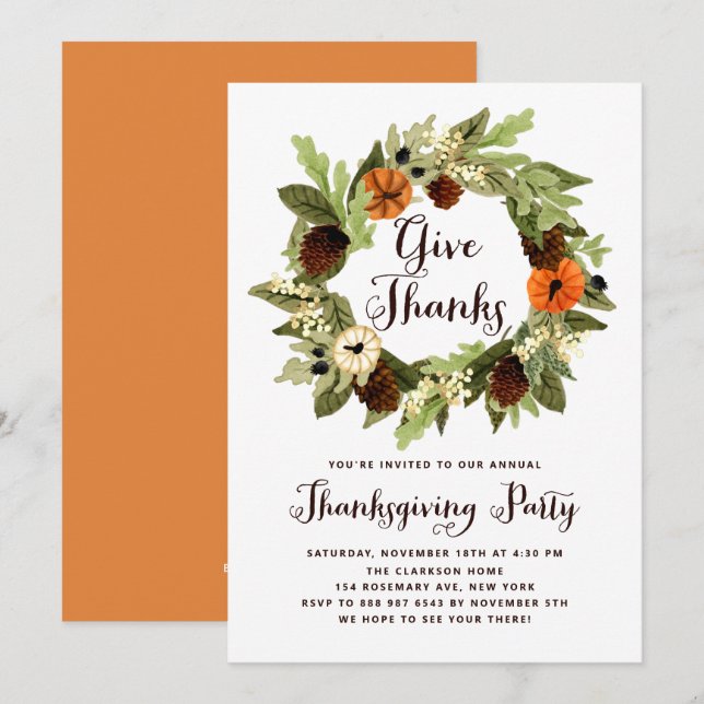 Invitation Citrouilles et Pinecones Wreath Thanksgiving Dîner (Devant / Derrière)