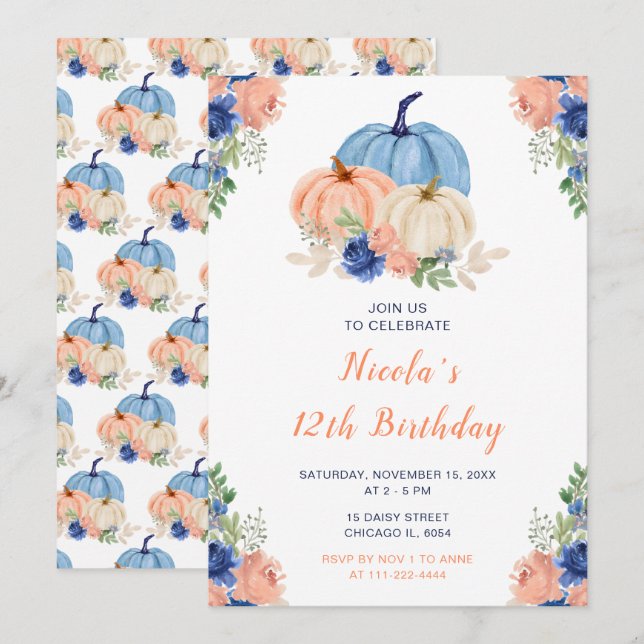 Invitation Citrouilles floral bleu et bleu marine (Devant / Derrière)