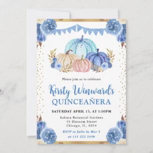 Invitation Citrouilles Florales Bleues et Dorées Quinceañera 