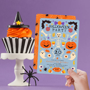 Invitation Citrouilles squelettes fantômes bleu Halloween ann