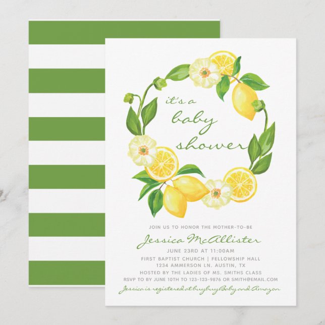 Invitation Citrus Baby shower à bande d'agrumes d'aquarelle c (Devant / Derrière)