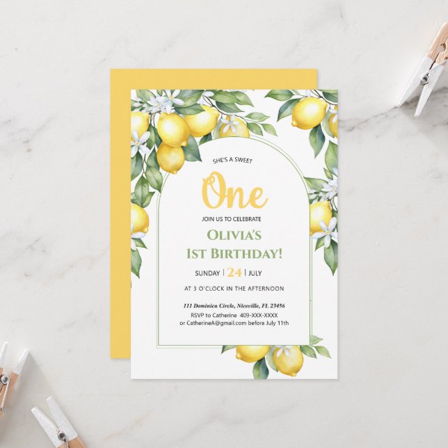 Invitation Citrus citron 1er anniversaire. (Devant/Arrière en situation)