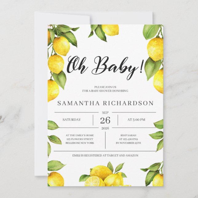 Invitation Citrus citron baby shower été (Devant)