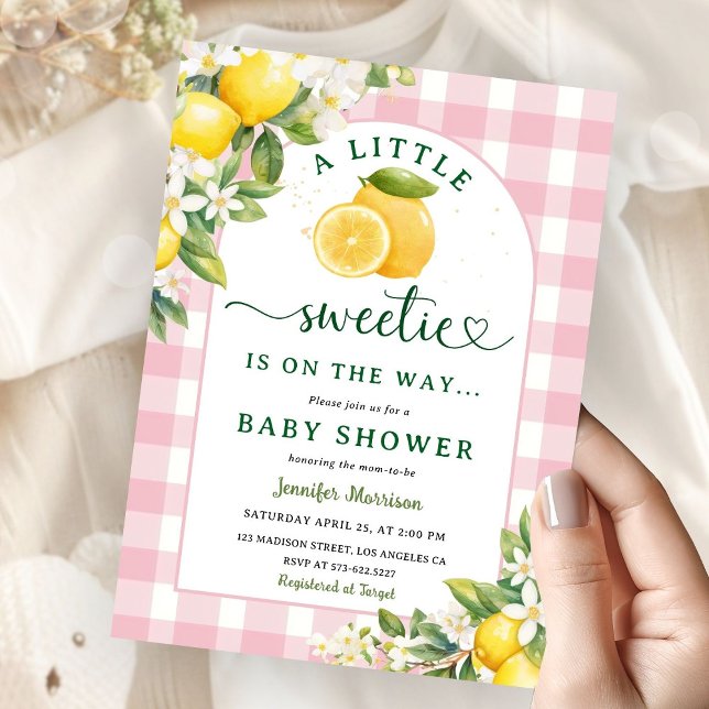 Invitation Citrus citron Baby shower fille rose En vichy (Créateur téléchargé)