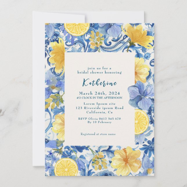 Invitation Citrus citron bleu italien douche nuptiale (Devant)