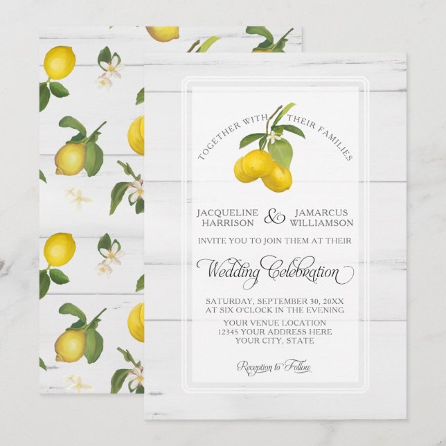 Invitation Citrus citron Floral Jaune Blanc Gris Mariage (Devant / Derrière)