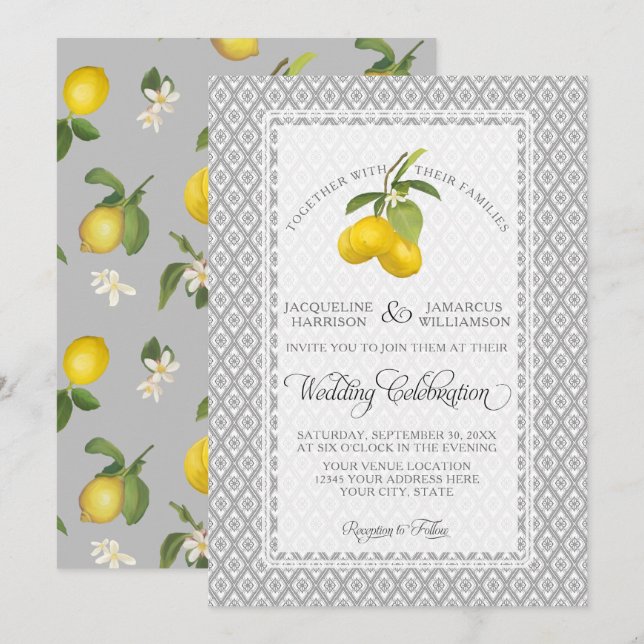 Invitation Citrus citron gris floral Mariage blanc jaune (Devant / Derrière)