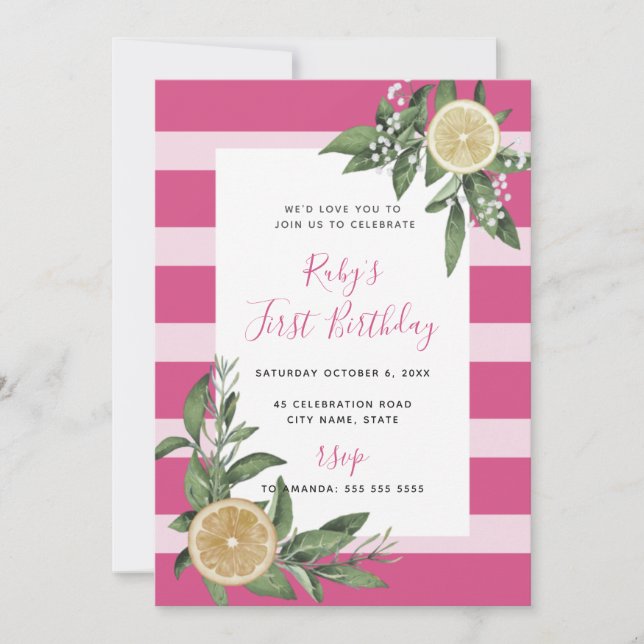 Invitation Citrus citron rose doux premier anniversaire (Devant)