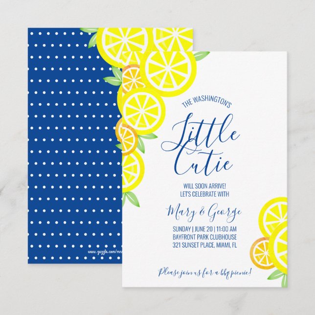 Invitation CITRUS garçon ou fille BABY SHOWER citron bleu (Devant / Derrière)