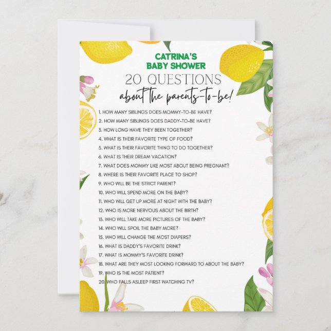 Invitation Citrus Lemon Baby shower - Nom modifiable, 5x7 (Devant)