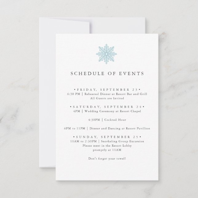 INVITATION CLAIR BLEU SNOWFLAKE MARIAGE HORAIRE DES ÉVÉNEMENT (Devant)