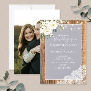 Invitation Clair gris rustique Script dentelle Mariage photo
