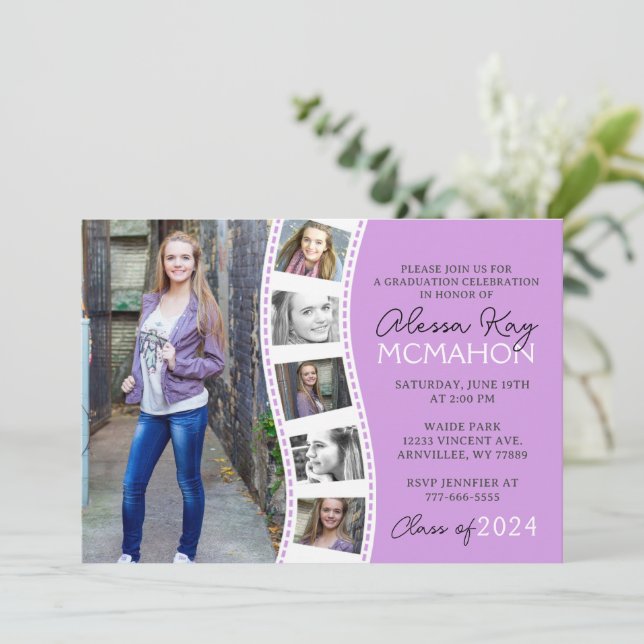 Invitation Clair Purple & Blanc Filmstrip 6 Diplôme photo (Debout devant)