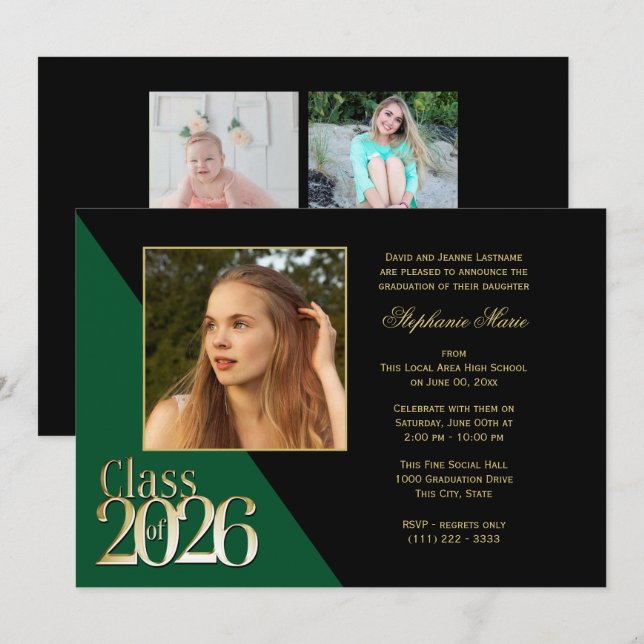 Invitation Class of 2026 Gold Grad Green with Photo (Devant / Derrière)