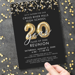 Invitation Classe 20 ans Réunion Black Gold Balloon Streamers