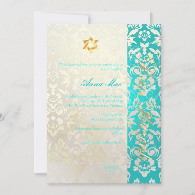 Invitation Classé + Bat mitzvah Damas élégant/Aquamarine (Devant)