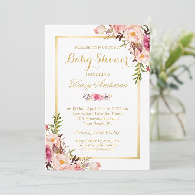 Invitation Classé Chic Floral Baby shower à cadre doré (Debout devant)