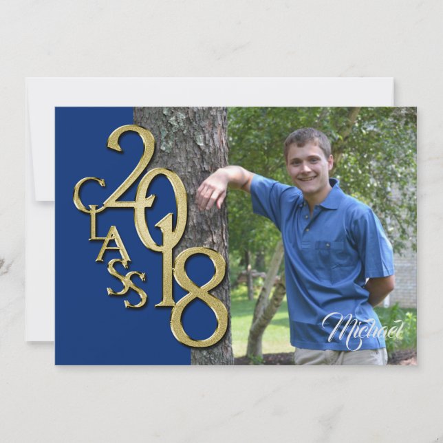 Invitation Classe de 2018 Gold Photo Graduation Blue (Devant)