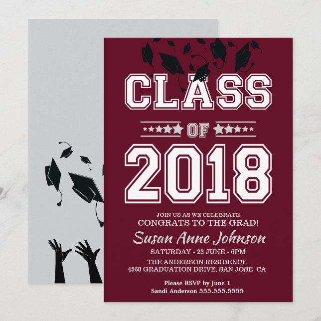 Invitation Classe de 2018 Silver and Burgundy Grad Party (Devant / Derrière)