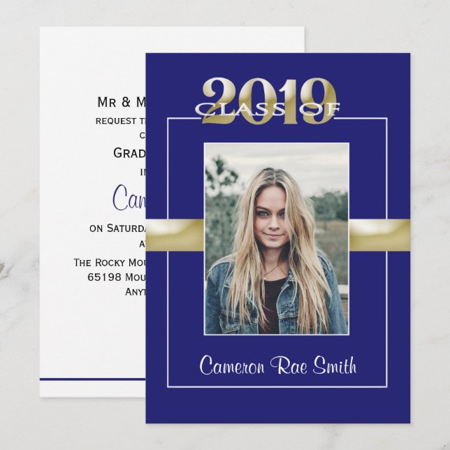 Invitation Classe de 2019 Blue & Gold Graduation Party (Devant / Derrière)